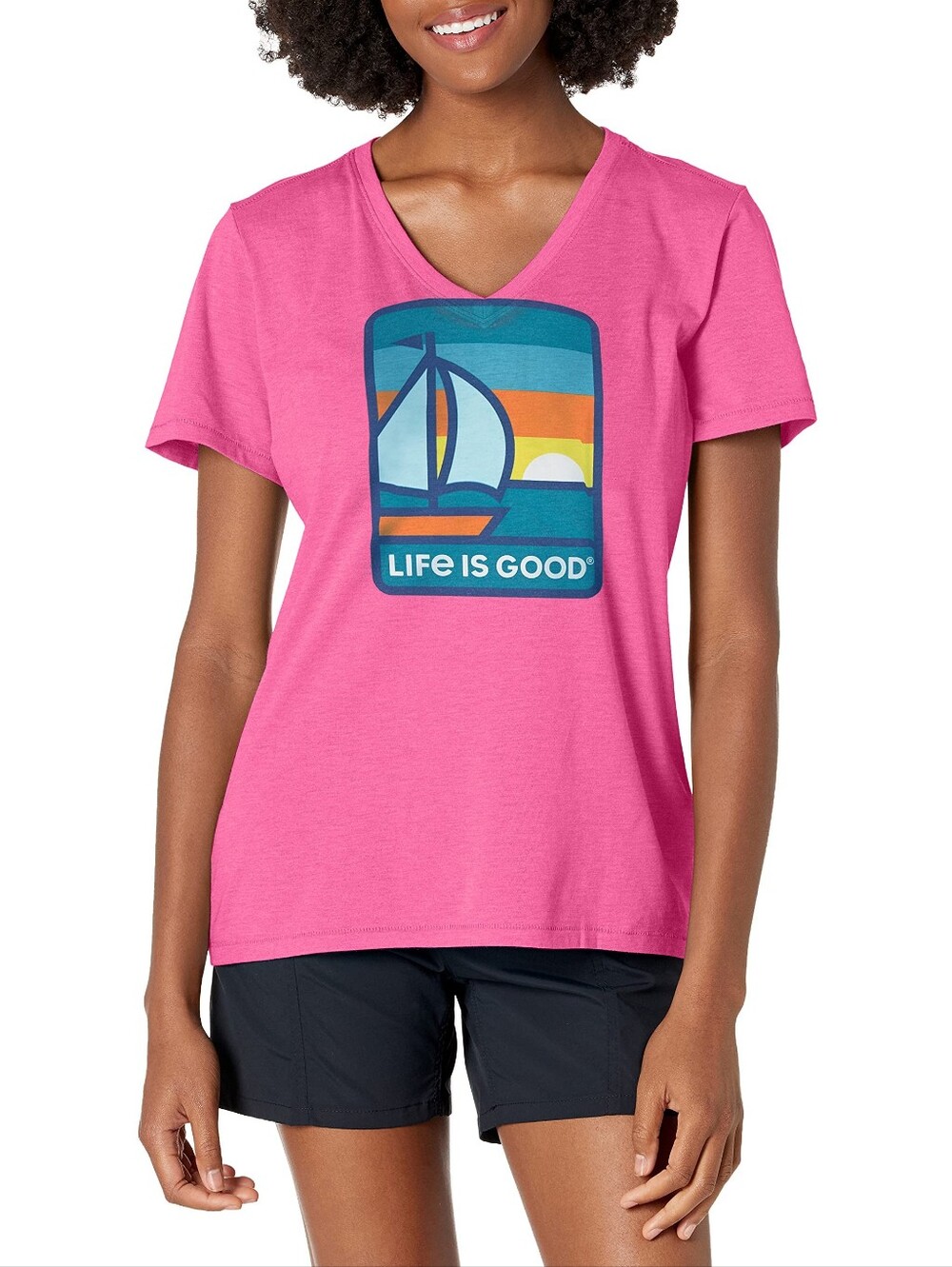 Life Is Good Sol Seeker Hot Pink V-Neck Sailboat Beach Cool Tee L + Sticker